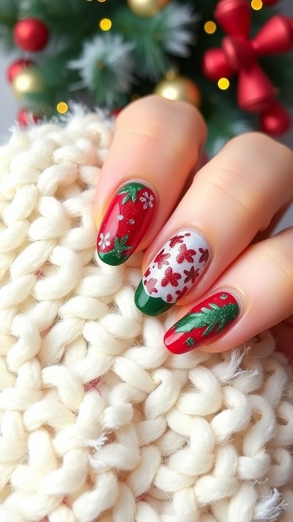 Short almond Gel X nails in red and green with glitter, set against a festive Christmas backdrop.